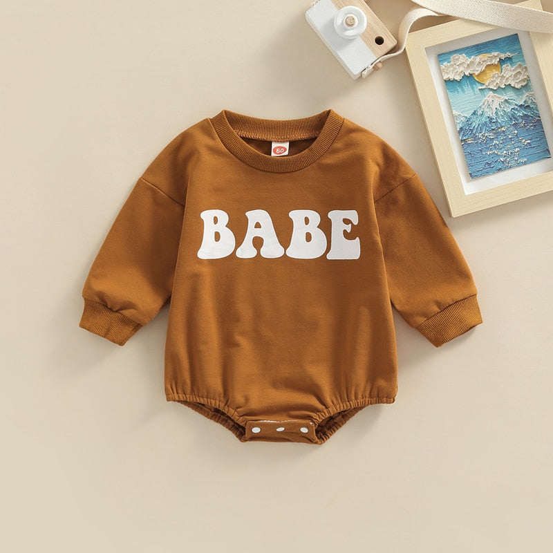 Adorable Baby Boy Girl Long Sleeve BABE Bubble Romper – August + Willow
