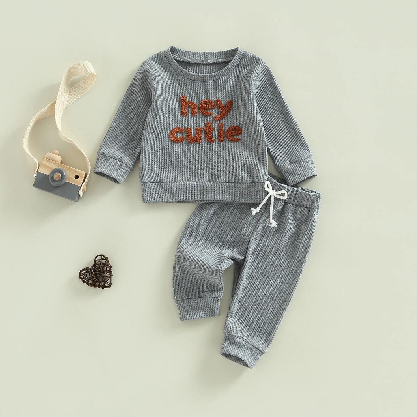 Toddler Baby Girl Boy 2Pcs Hey Cutie Outfit Long Sleeve Ribbed Knit Tops Pants Set