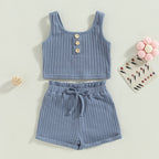 Baby Toddler Girls 2Pcs Summer Outfit Solid Button Tank Top and Ribbed Drawstring Shorts