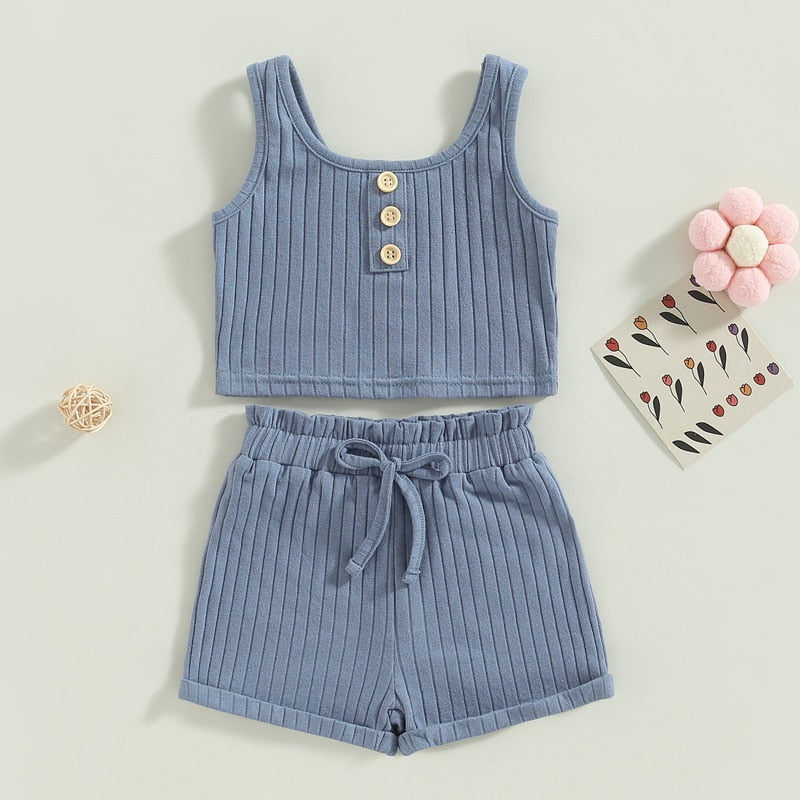 Baby Toddler Girls 2Pcs Summer Outfit Solid Button Tank Top and Ribbed Drawstring Shorts