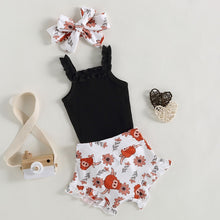 Load image into Gallery viewer, Infant Baby Girl 3Pcs Outfit Sets Black Tank Top Ruffle Bodysuit Cattle Cow Head Print Shorts Headband

