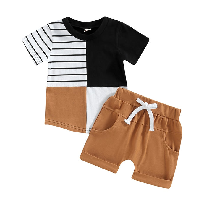 Toddler Baby 2Pcs Summer Outfit Color Block and Stripes Short Sleeve T-shirt Top and Pocket Shorts
