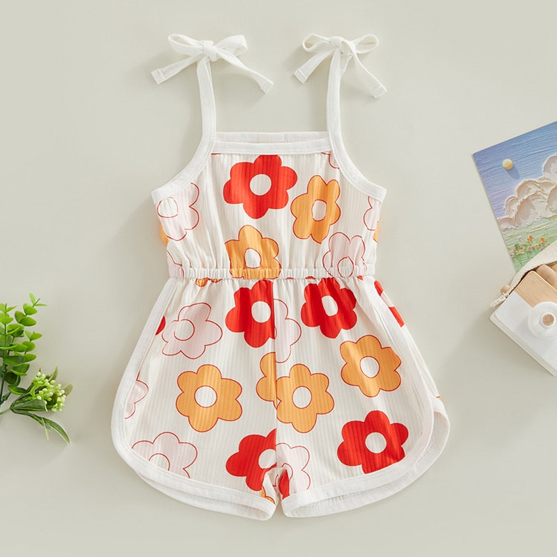 Toddler Baby Girl Summer Jumpsuit Flower Print Tie Up Shorts Romper