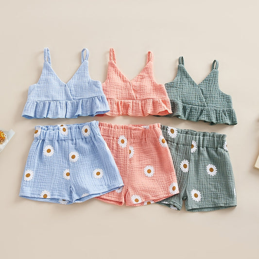 Toddler Girls Summer 2PCS Outfit Sets Solid Color Ruffle Top Floral Daisy Shorts