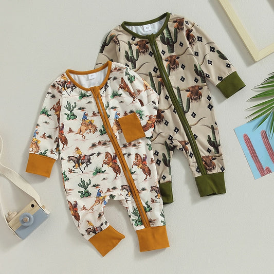 Baby Boys Girls Jumpsuit Long Sleeve Cow/Horse Print Zipped Autumn Romper Clothes