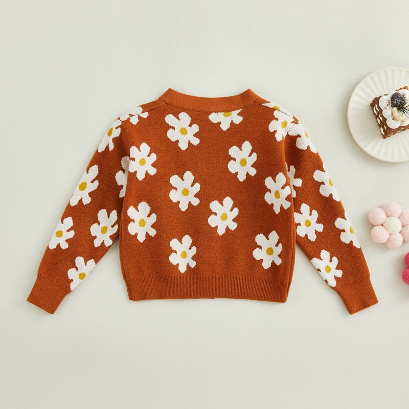 Toddler Girls Autumn Clothes Knit Cardigan Long Sleeve V Neck Floral Print Button Down Sweater