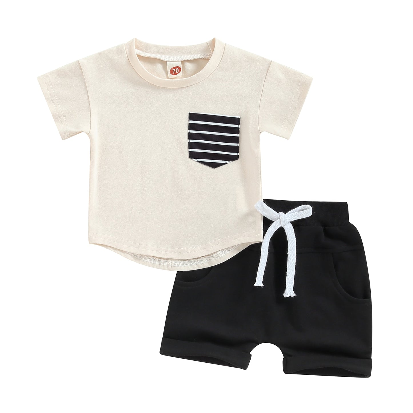 Toddler Baby Boys 2Pcs Shorts Outfit Short Sleeve Crew Neck Stripes Pocket T-shirt with Elastic Waist Shorts