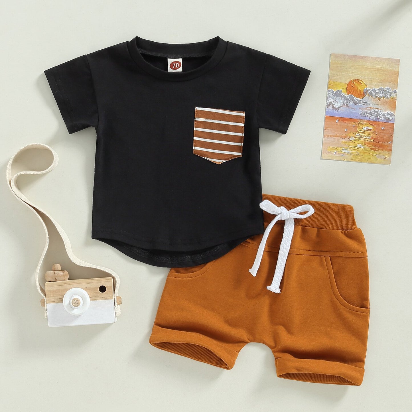 Toddler Baby Boys 2Pcs Shorts Outfit Short Sleeve Crew Neck Stripes Pocket T-shirt with Elastic Waist Shorts