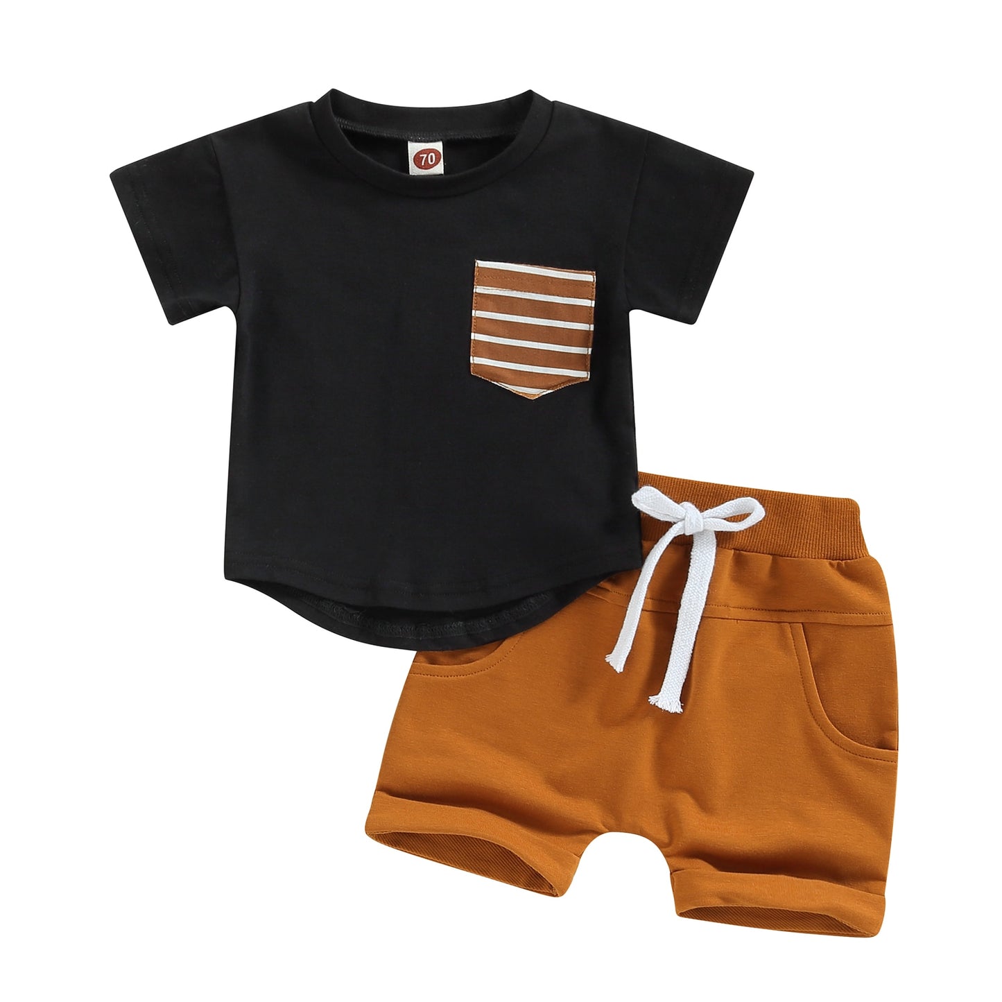 Toddler Baby Boys 2Pcs Shorts Outfit Short Sleeve Crew Neck Stripes Pocket T-shirt with Elastic Waist Shorts