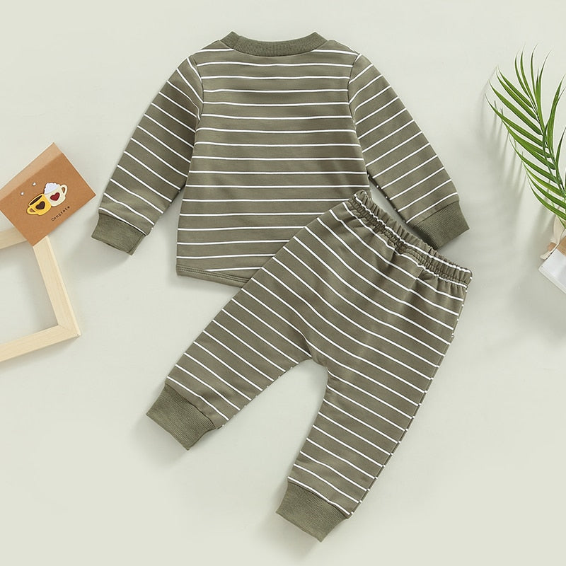 Baby Boys Clothing Set Striped Print Pocket Long Sleeve T-shirt and Elastic Waist Drawstring Long Pants Outfit