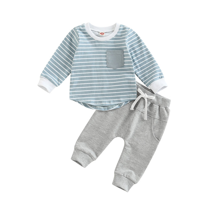 Baby Toddler Boys 2pcs Outfit Sets Long Sleeve Striped Tops Solid Color Drawstring Pants