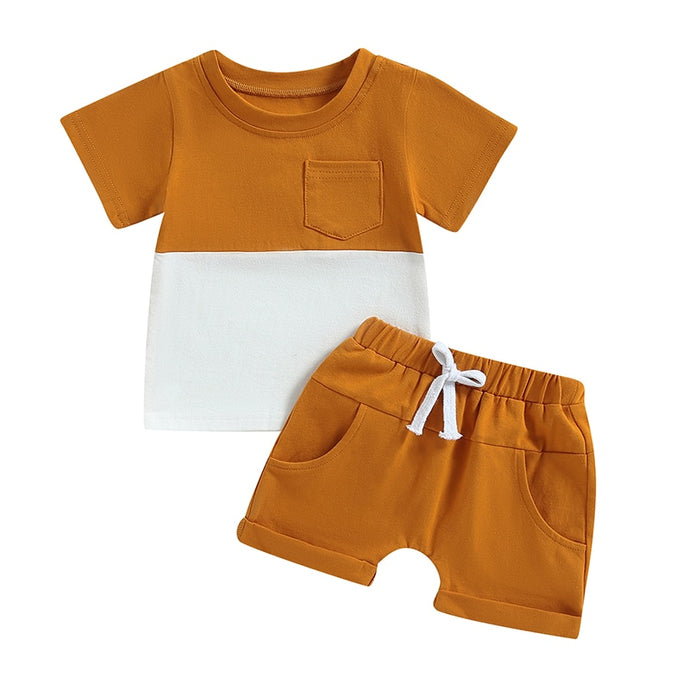 Toddler Baby Boys 2Pcs Outfit Short Sleeve Pocket Color Block T-shirt with Elastic Waist Shorts