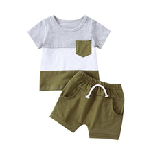 Load image into Gallery viewer, Toddler Kid Boys 2Pcs Color Block Stripe Chest Pocket T-Shirt and Drawstring Shorts Outfit
