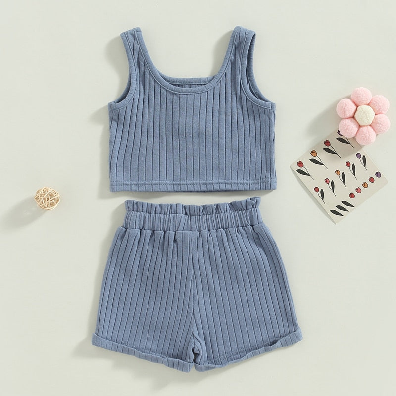 Baby Toddler Girls 2Pcs Summer Outfit Solid Button Tank Top and Ribbed Drawstring Shorts