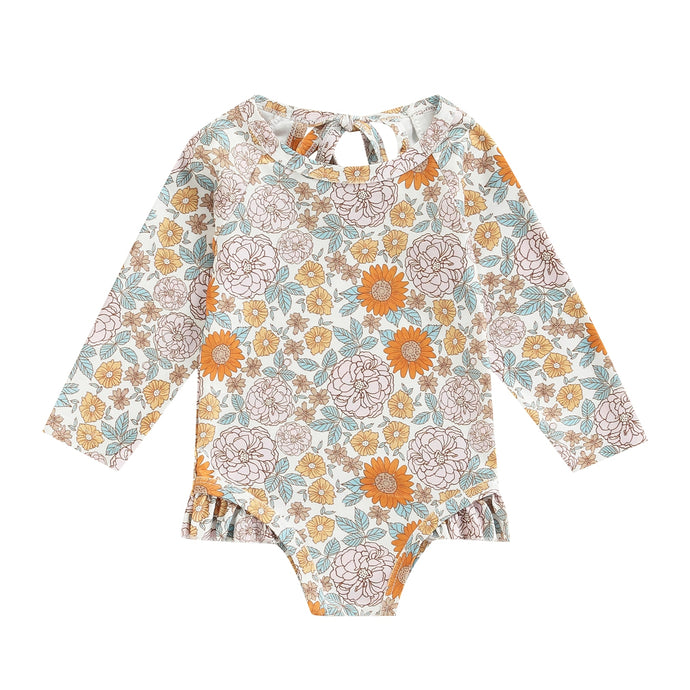 Toddler Baby Girl Summer Long Sleeve Ruffle Bottom Floral Print Bathing Suit Swimwear