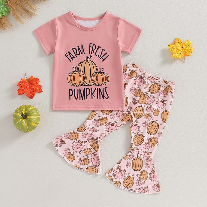 Baby Toddler Girls 2 Pcs Halloween Sets Short Sleeve Letter Pumpkin Print Tops Flared Pants Sets