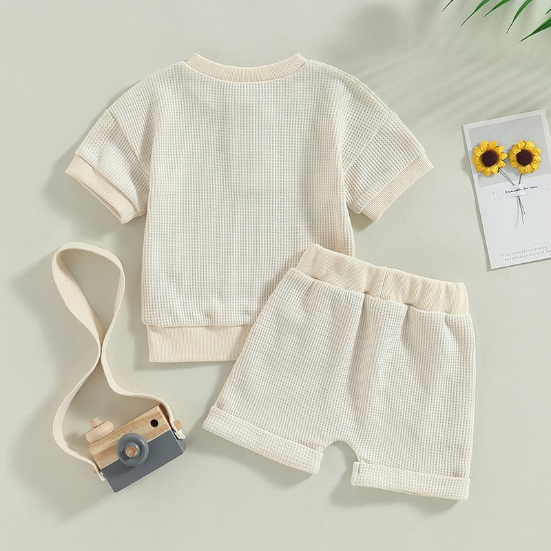 Infant Baby Girls Boys Waffle Knit Outfits Crew Neck Short Sleeve Top with Buttons and Cute Shorts