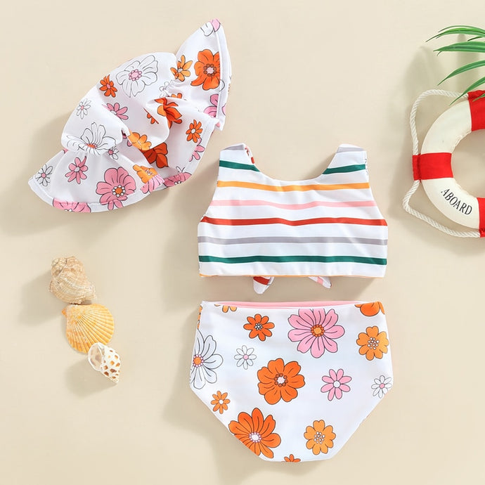 Toddler Girls 3Pcs Swimsuit Tank Top Floral Print Summer Beach Girls Swimwear Shorts Hat