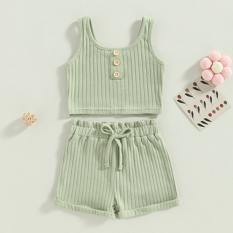 Baby Toddler Girls 2Pcs Summer Outfit Solid Button Tank Top and Ribbed Drawstring Shorts