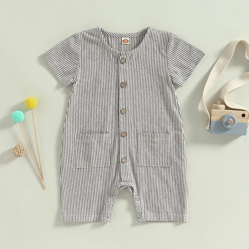 Baby Boys Girls Jumpsuit Solid Color Striped Short Sleeve Button Down Romper