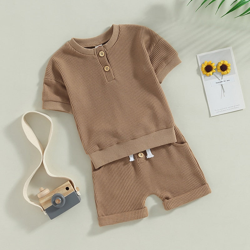 Infant Baby Girls Boys Waffle Knit Outfits Crew Neck Short Sleeve Top with Buttons and Cute Shorts