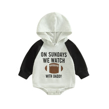 Load image into Gallery viewer, Infant Baby Boy Girl On Sundays We Watch Football with Daddy Hooded Bodysuit Long Sleeve Raglan Jumpsuit Bubble Romper
