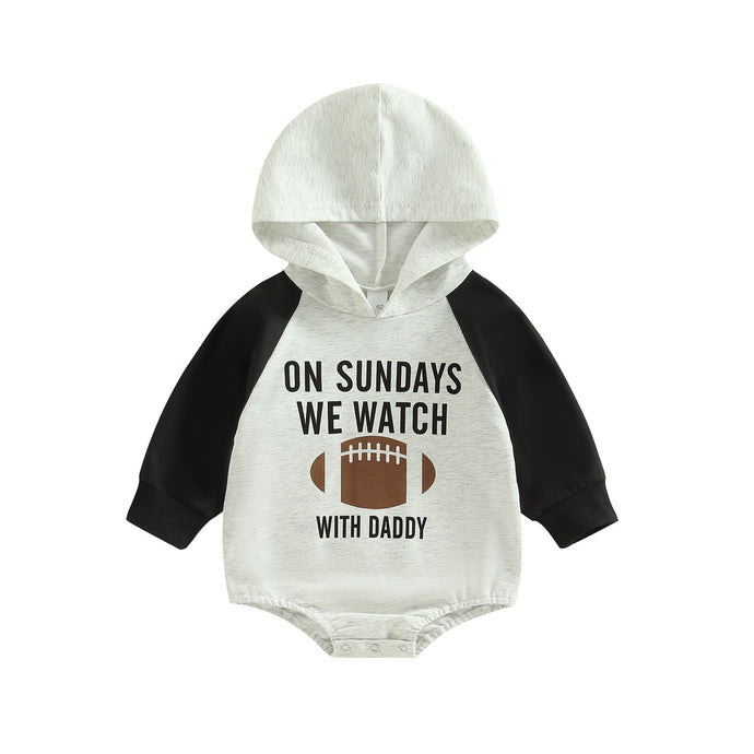 Infant Baby Boy Girl On Sundays We Watch Football with Daddy Hooded Bodysuit Long Sleeve Raglan Jumpsuit Bubble Romper