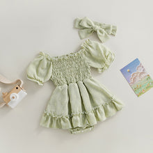 Load image into Gallery viewer, Infant Baby Girls Dress Short Sleeve Ruched Dress Circle Pattern and Headband Bow Outfit
