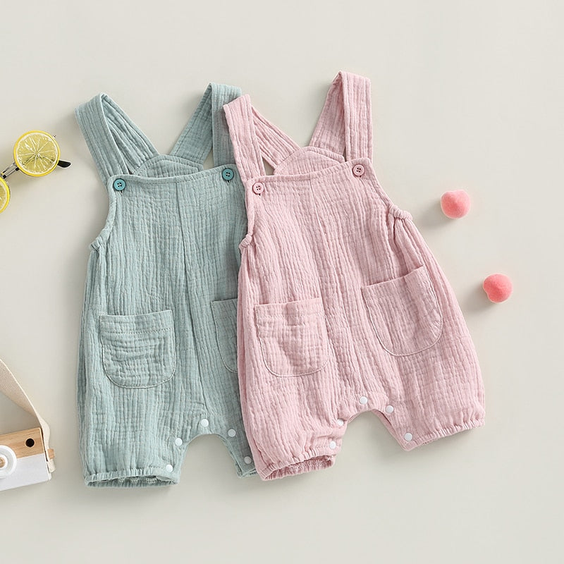 Infant Baby Boy Girl Summer Suspenders Jumpsuit Solid Romper with Pockets