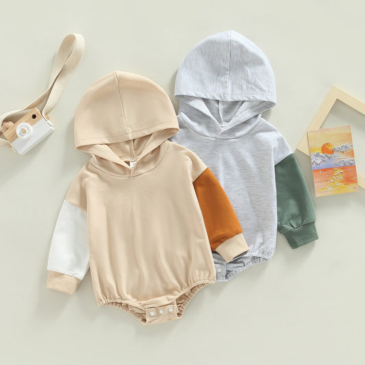 Infant Baby Boys Girls Bodysuit Long Sleeve Hooded Color Block Bodysuit Bubble Romper