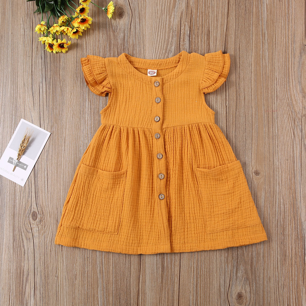 Toddler Kid Baby Girl Summer Dress Ruffles Sleeves Cotton Button Pocket Dress Sundress