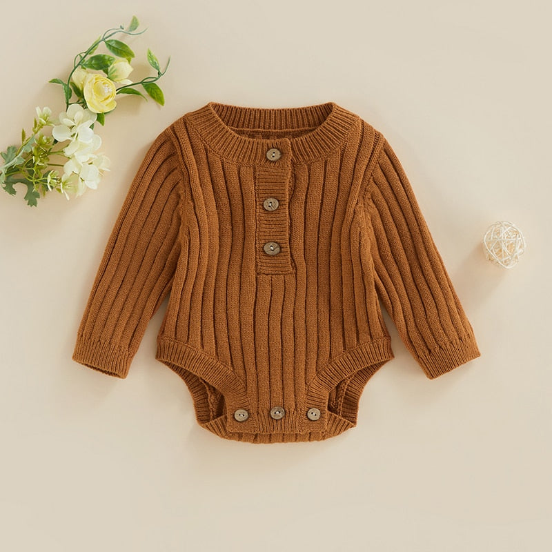 Infant Baby Girl Boy Knit Bodysuit Long Sleeve Crew Neck Solid Color Fall Winter Jumpsuit Romper