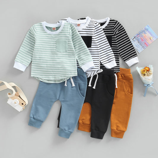 Toddler Baby Boy 2 Piece Autumn Clothing Set Long Sleeve Striped Top Shirt Solid Pants Outfit