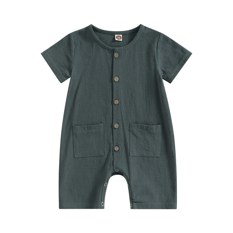 Baby Boys Girls Jumpsuit Solid Color Striped Short Sleeve Button Down Romper