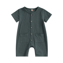 Load image into Gallery viewer, Baby Boys Girls Jumpsuit Solid Color Striped Short Sleeve Button Down Romper
