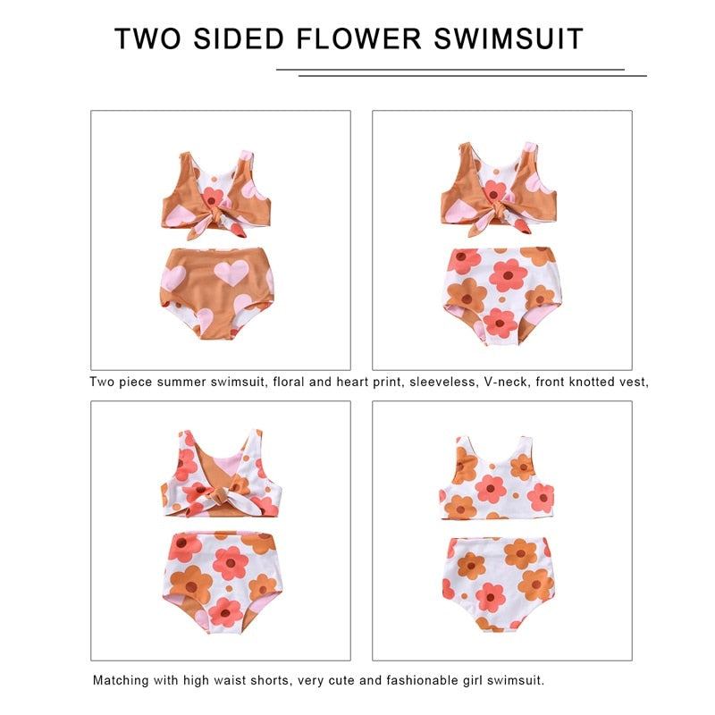 Infant Baby Girls Summer Reversible Swimsuit Flower Heart Print V-Neck Front Knotted Top High Waist Bottoms