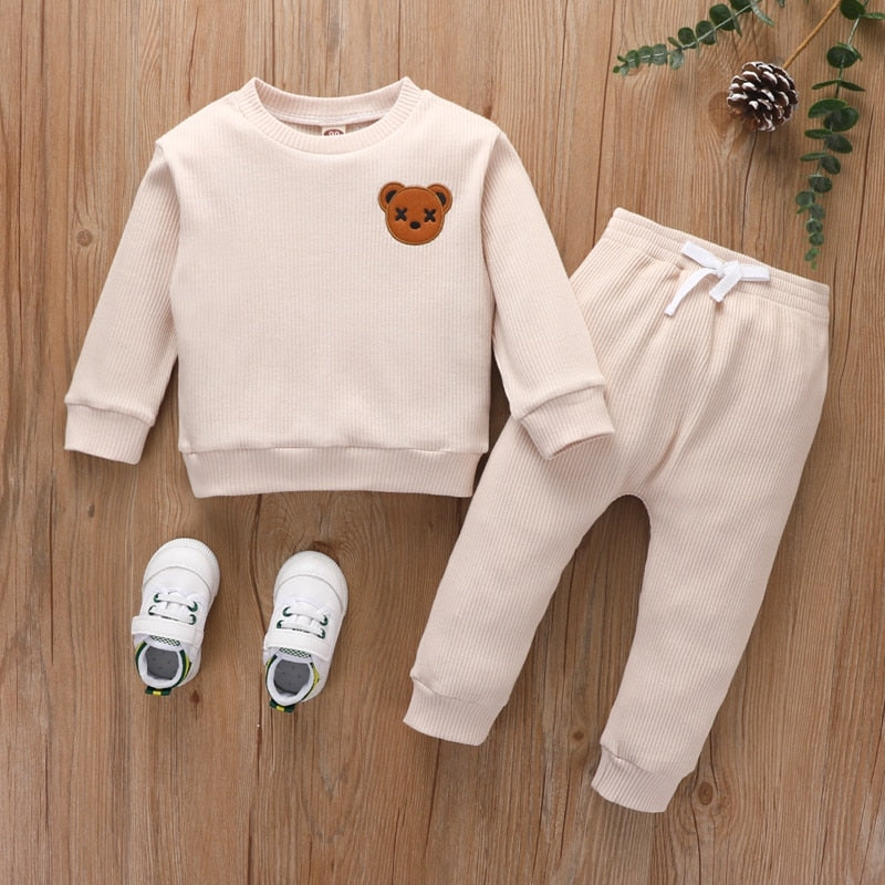 2 Piece Autumn Teddy Bear Print Baby Toddler Boy Girl Ribbed Long Sleeve And Pants Set