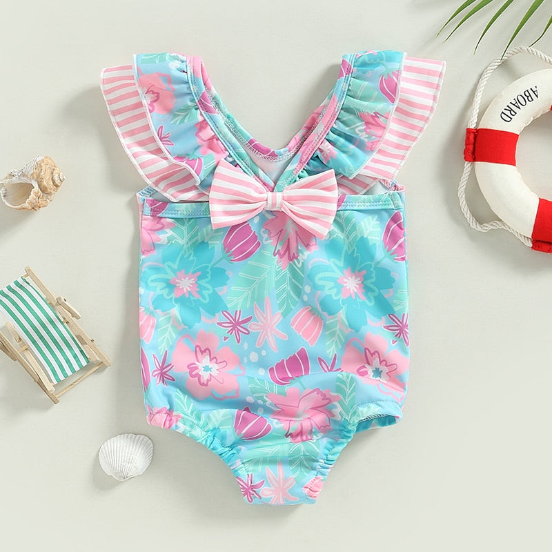 Infant Baby Girl Swimsuits Ruffle Trim Floral Print Flutter Sleeves Swimwear Beachwear