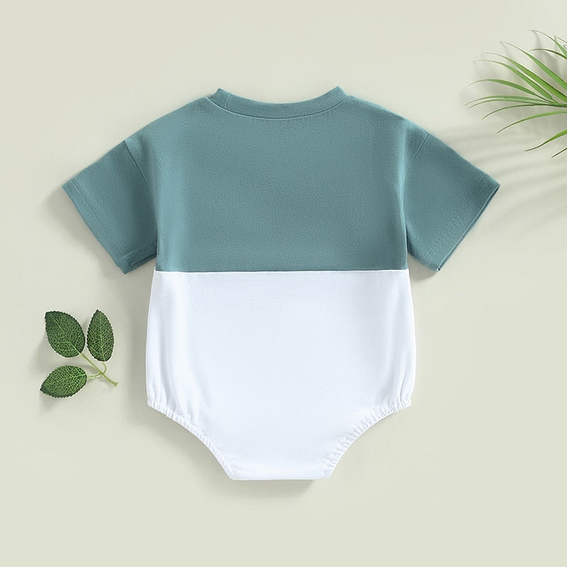 Infant Baby Boys Girls Casual Bodysuit Color Block Short Sleeve Crew Neck Pocket Jumpsuits Bubble Romper