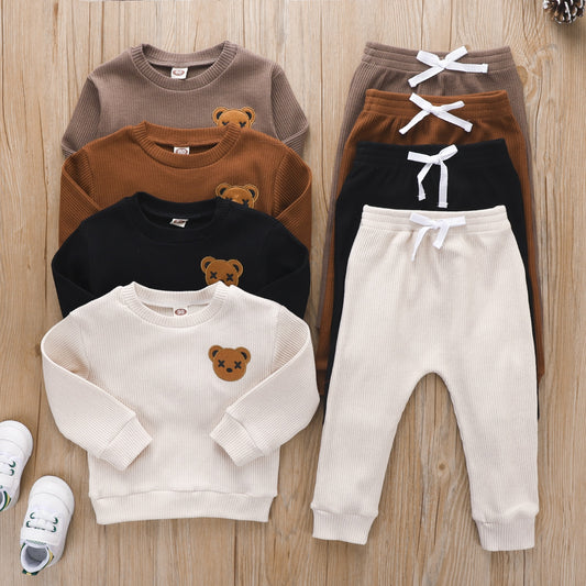 2 Piece Autumn Teddy Bear Print Baby Toddler Boy Girl Ribbed Long Sleeve And Pants Set