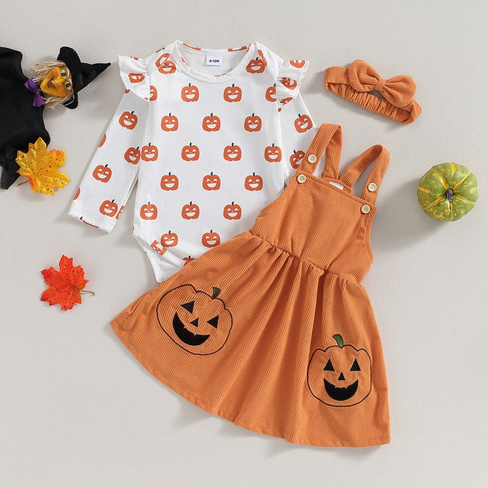 Baby Girls 3 Pcs Halloween Outfits Long Sleeve Pumpkin Romper Suspender Skirt Headband Set Clothes