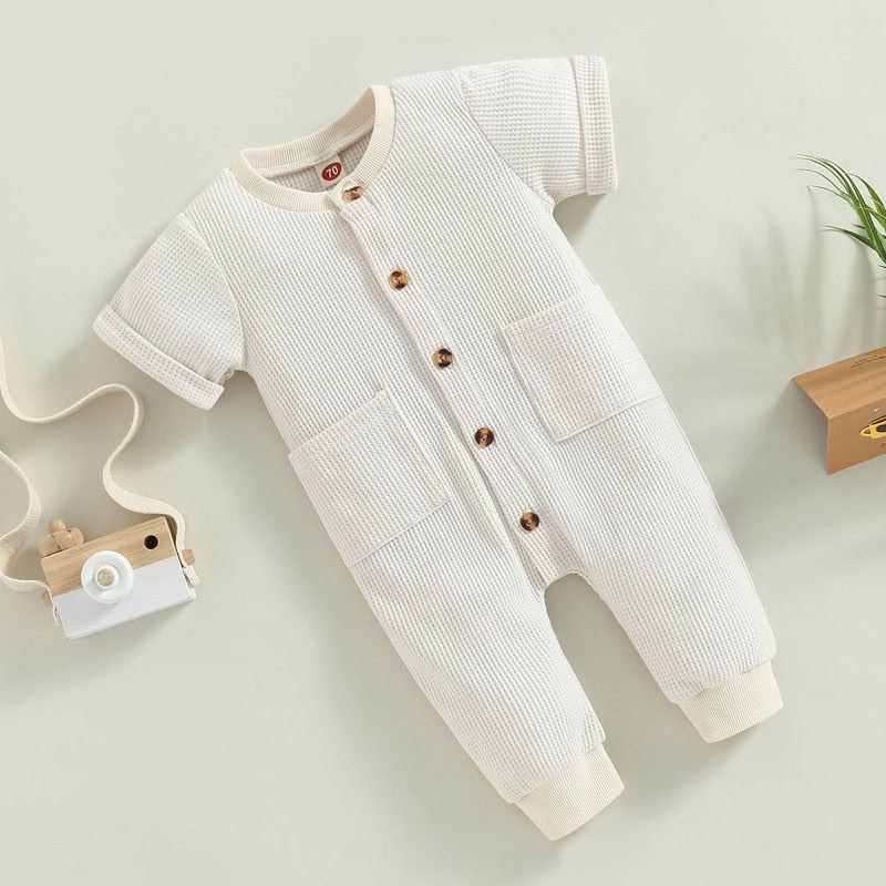 Baby Girls Boys  Jumpsuit Solid Color Short Sleeve Button Down Romper