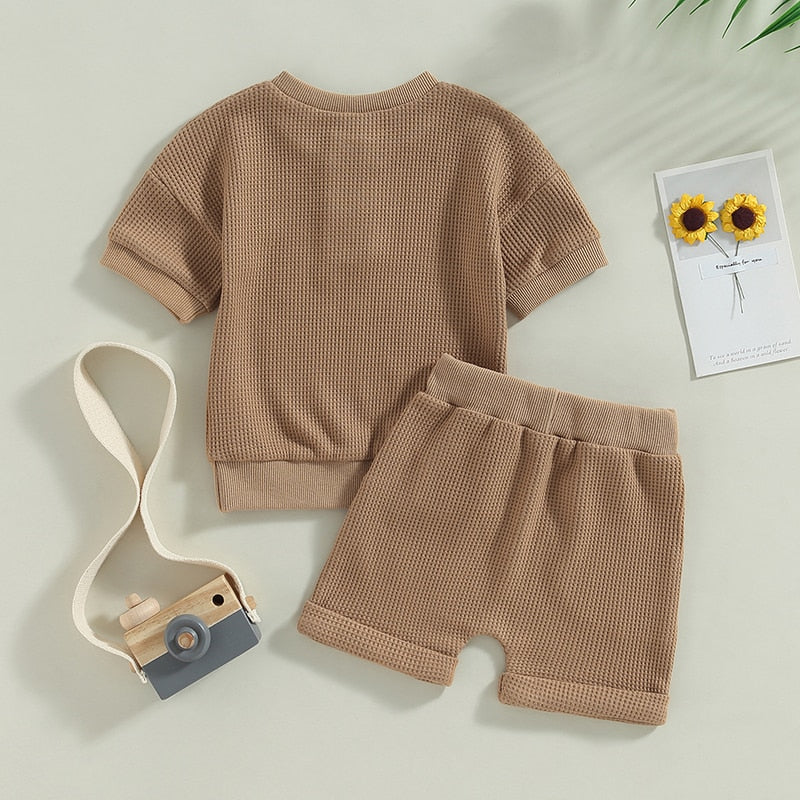 Infant Baby Girls Boys Waffle Knit Outfits Crew Neck Short Sleeve Top with Buttons and Cute Shorts