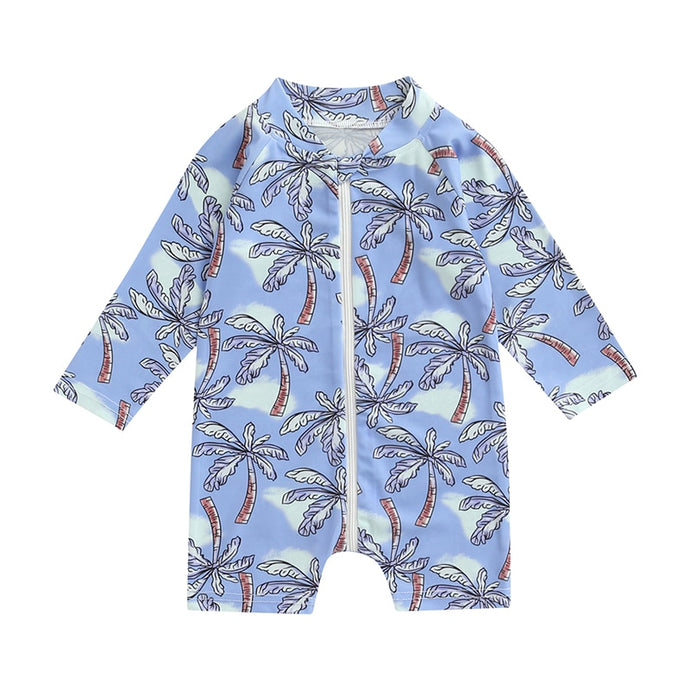 Toddler Baby Swimwear Coconut Palm Tree / Sun Moon / Coral Pattern Shorts and  Long Sleeve Zipper Front Bathing Suit