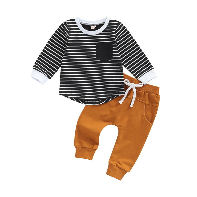 Toddler Baby Boy 2 Piece Autumn Clothing Set Long Sleeve Striped Top Shirt Solid Pants Outfit