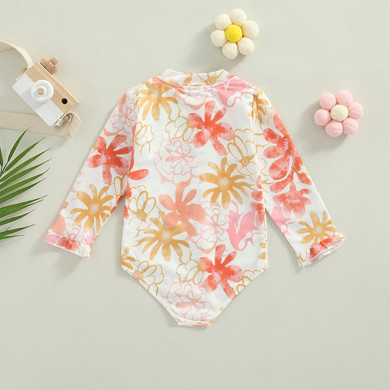 Toddler Girls Long Sleeve Swimsuit Flower Print Zipper Swimwear