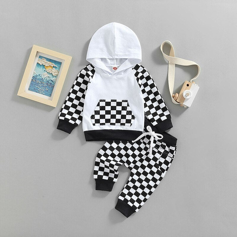 Baby Toddler Girl Boy Outfit 2Pcs Set Plaid Long Sleeve Hoodie with Pockets Elastic Drawstring Waist Pants