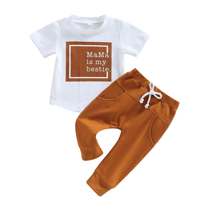 Mama is my bestie Baby Boys Girls Graphic Print Short Sleeve Cotton T-shirts Ginger Long Pants Outfit Set