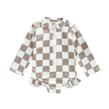 Load image into Gallery viewer, Children Baby Toddler Kids Girls Swimwear Ruffle Checkerboard Printed Zipper Long Sleeve Bodysuits Swimsuits Bathing Suits Rash Guard
