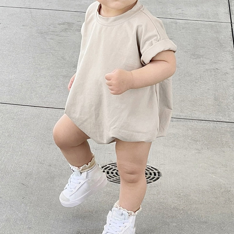 Baby Boys Girls Summer Casual Bubble Rompers Solid Colors Short Sleeve Crew neck Jumpsuits Playsuits